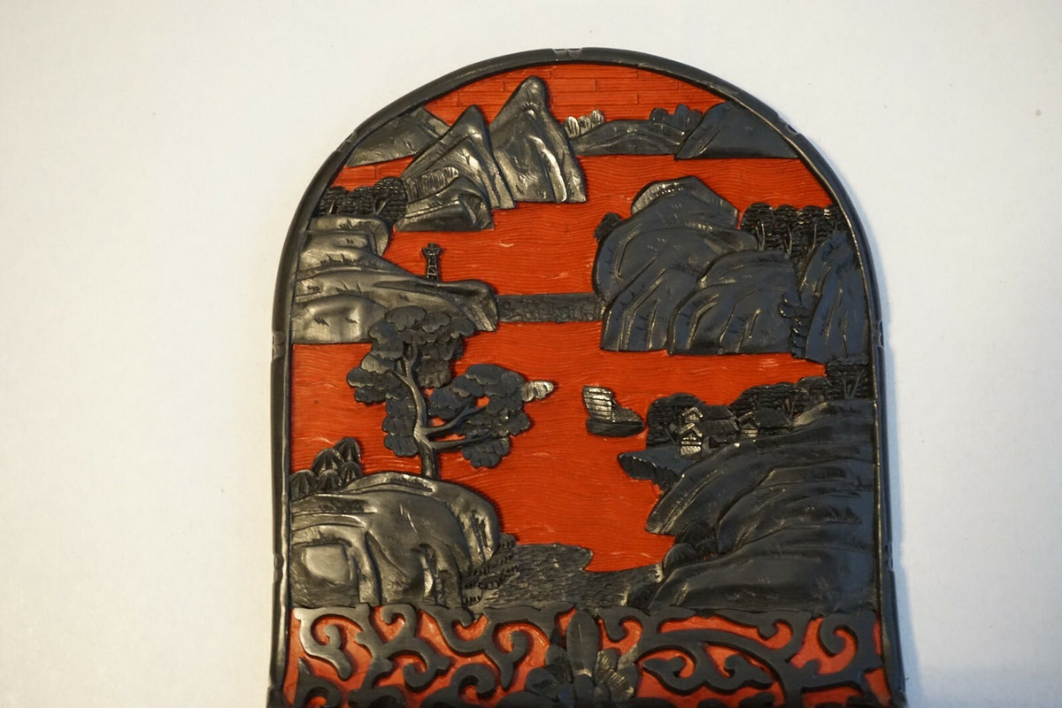 Pair Chinese Antique Cinnabar Lacquer Scenic Bookends