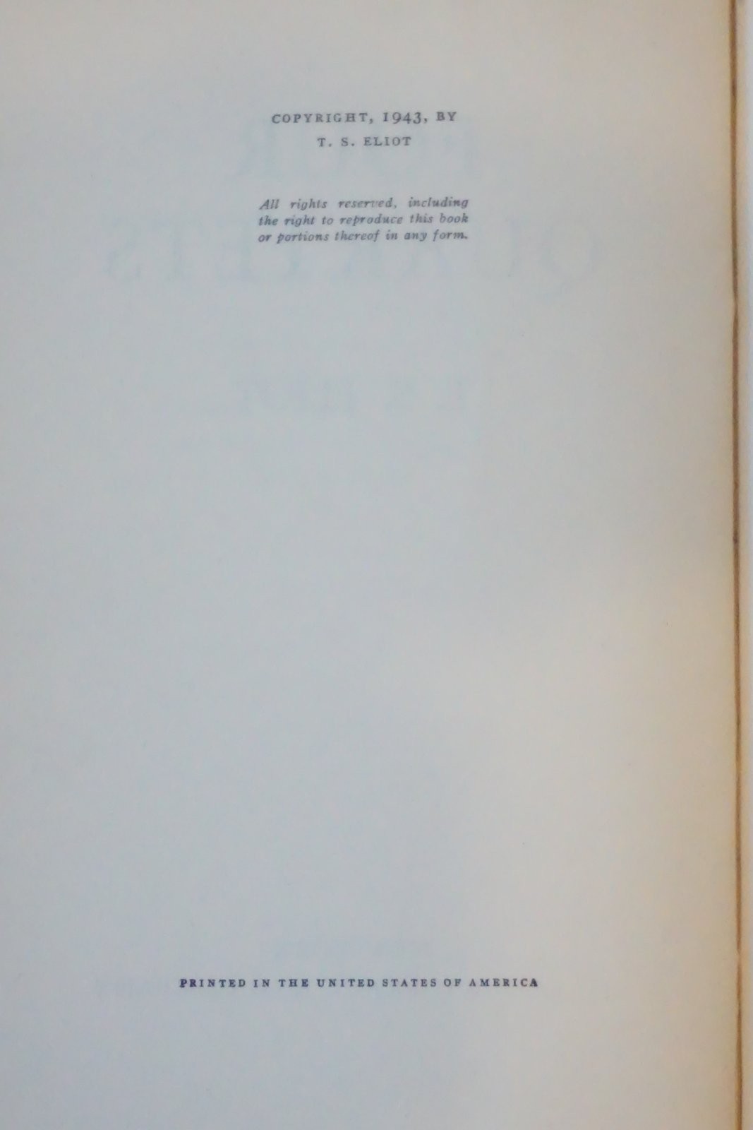 Four Quartets T S Eliot Harcourt Brace Hardcover Dust Jacket