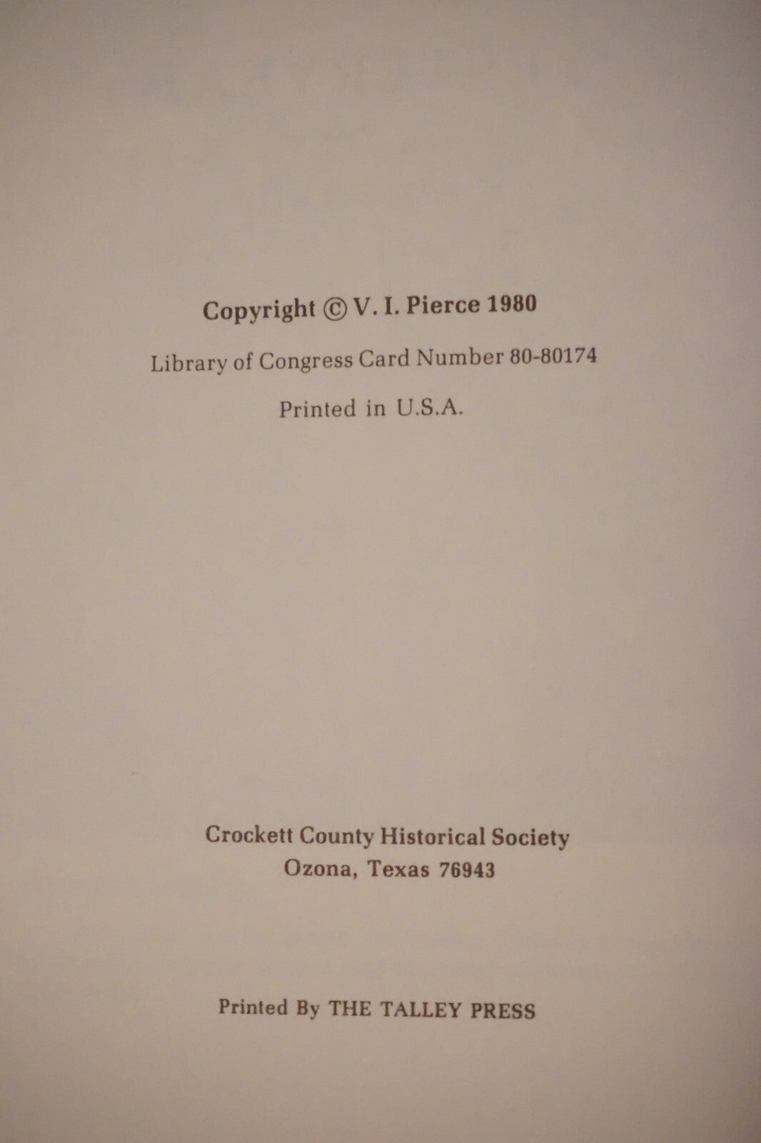 Yesteryear in Ozona and Crockett County by V.I. Pierce 1980 HC