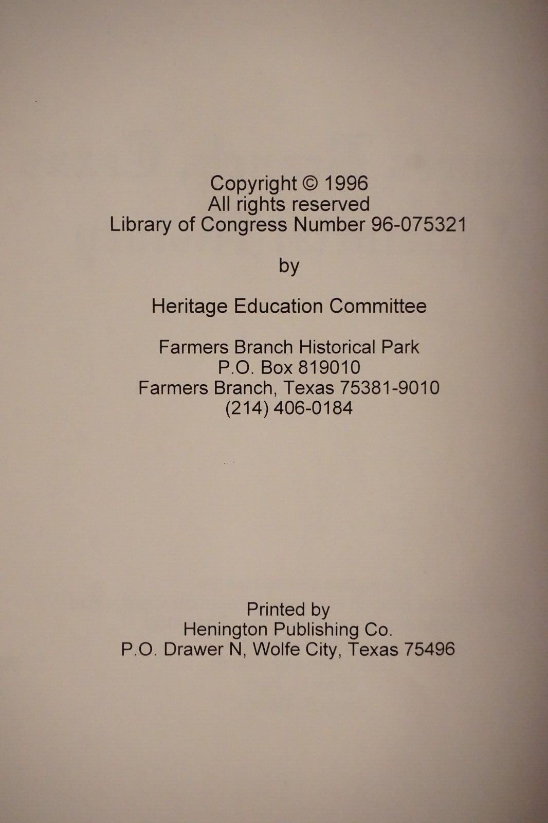 Farmers Branch, Texas: A Pictorial History 1996 Hardcover