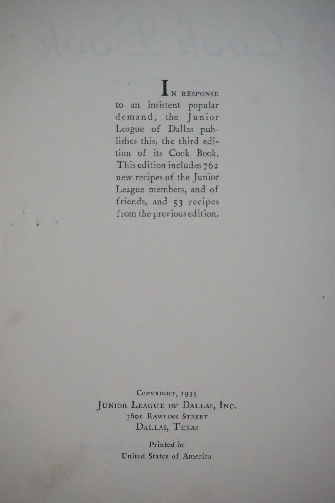 Junior League of Dallas, Texas 3rd Edition Cookbook 1935 Hardcover